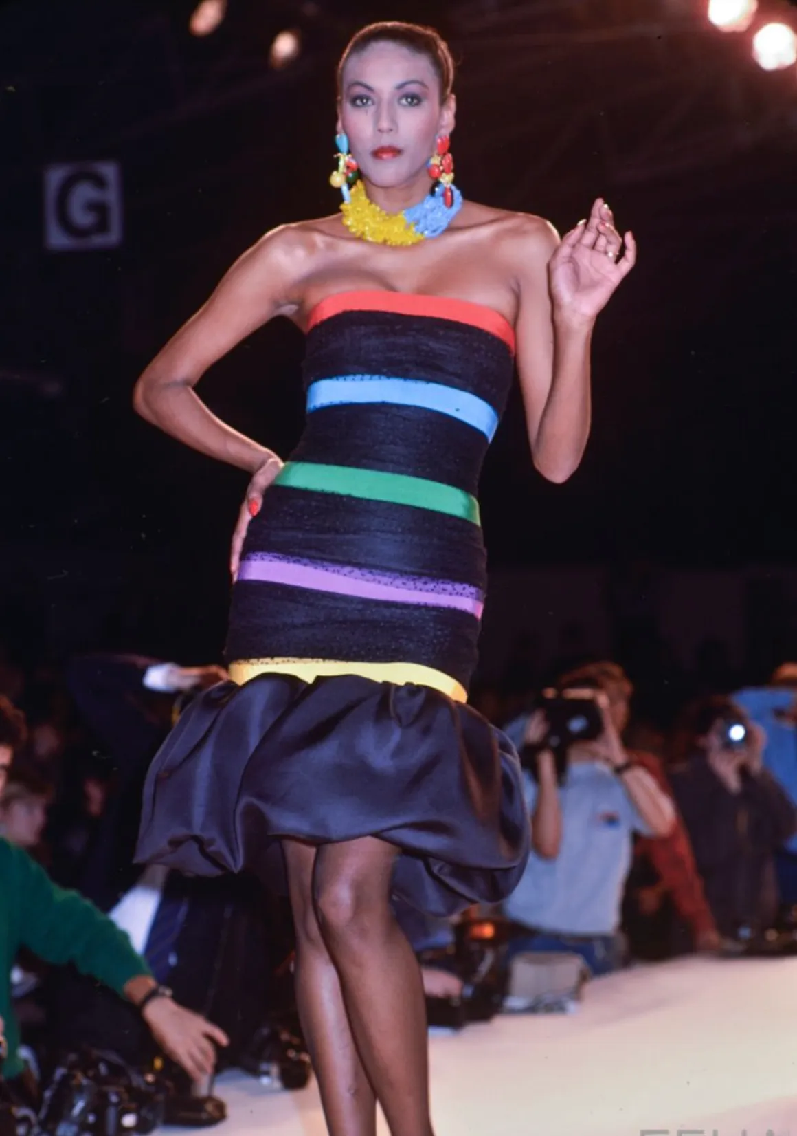 Spring 1987 Yves Saint Laurent Grosgrain, Dotted Net & Silk Strapless Dress w Bows