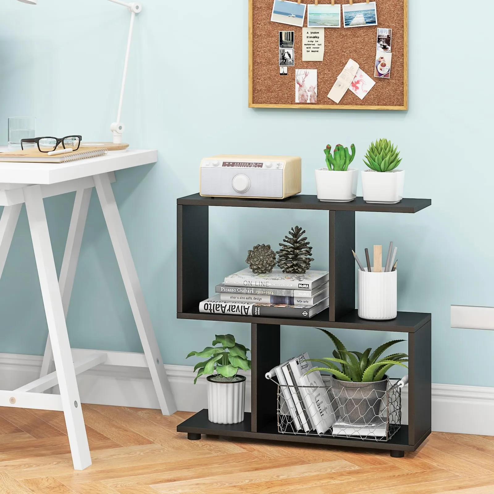 Tangkula 2 Tier Geometric Bookshelf, Freestanding Wood Display Shelf
