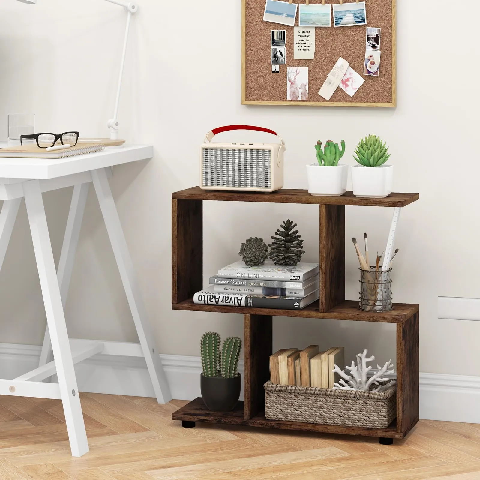 Tangkula 2 Tier Geometric Bookshelf, Freestanding Wood Display Shelf