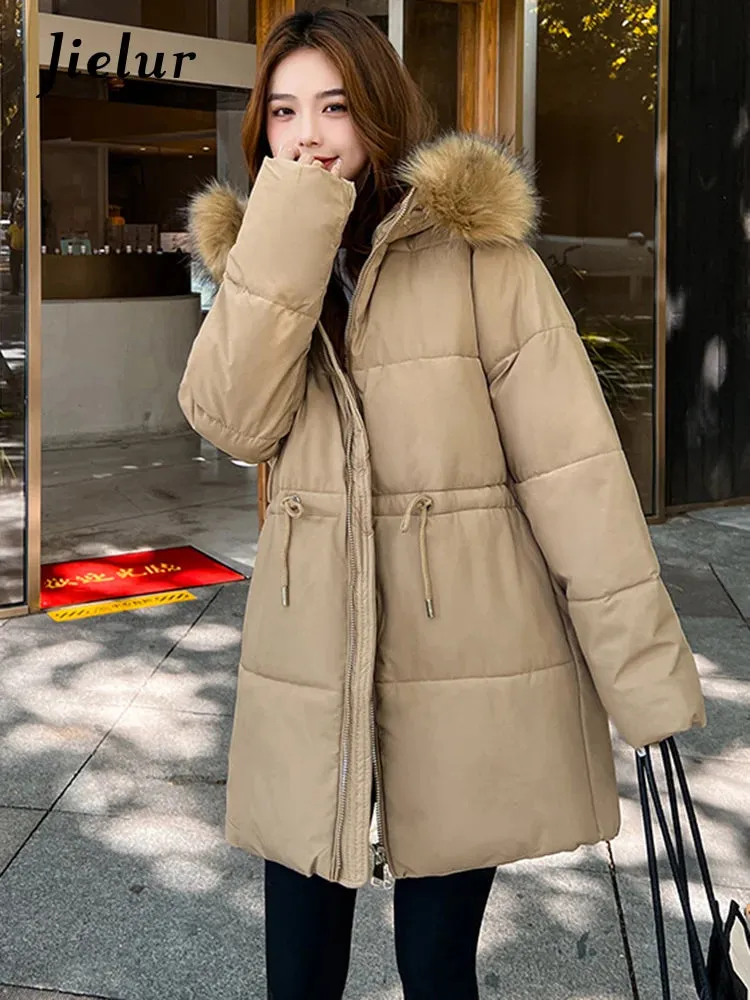 Thicken Slim-waist Cotton Jacket for Women Korean Winter Warm Mid Length Woman Parkas Fur Hooded White Coat Female M-XXL
