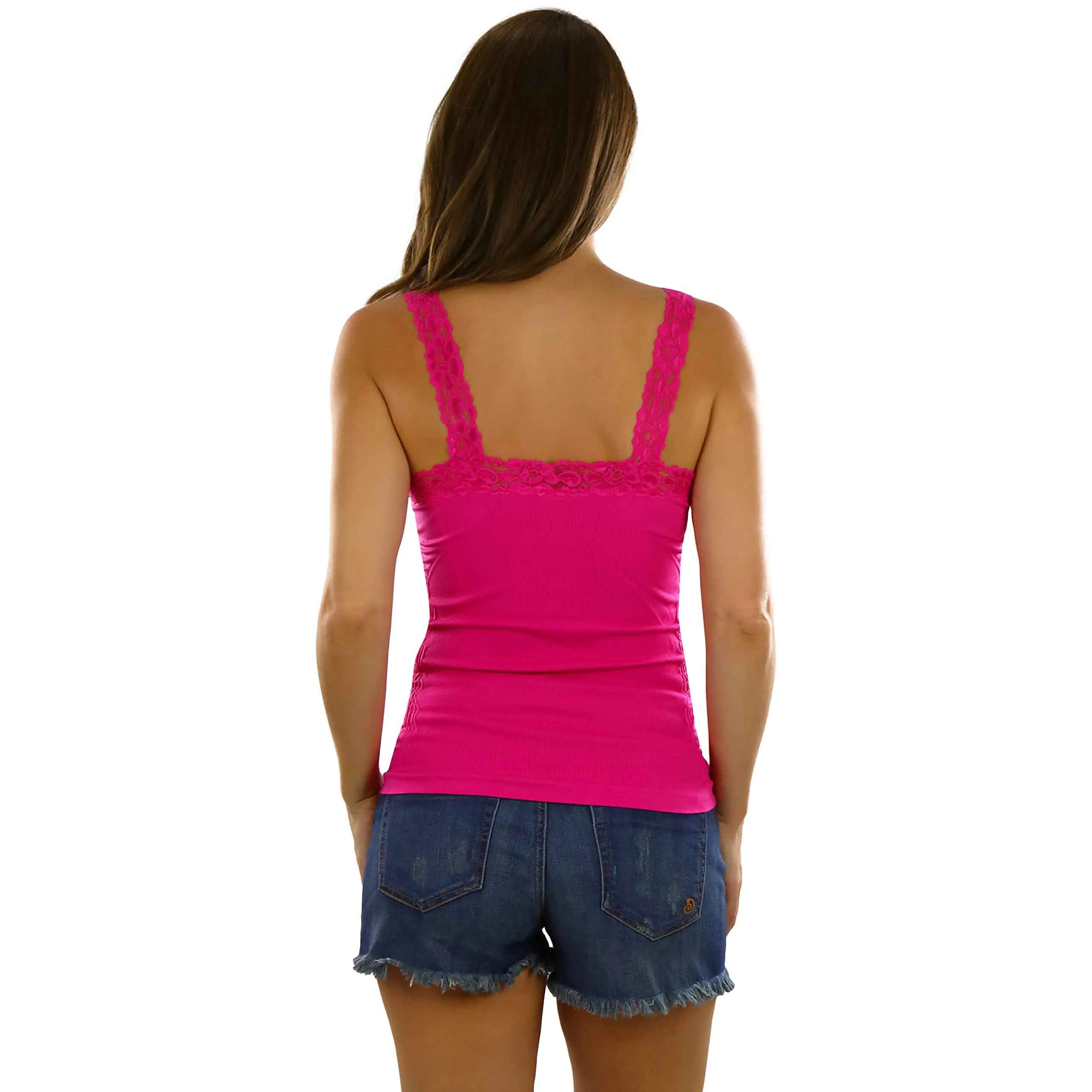 ToBeInStyle Women's Wrinkled Seamless Camisole Top with Floral Lace Trim Straps