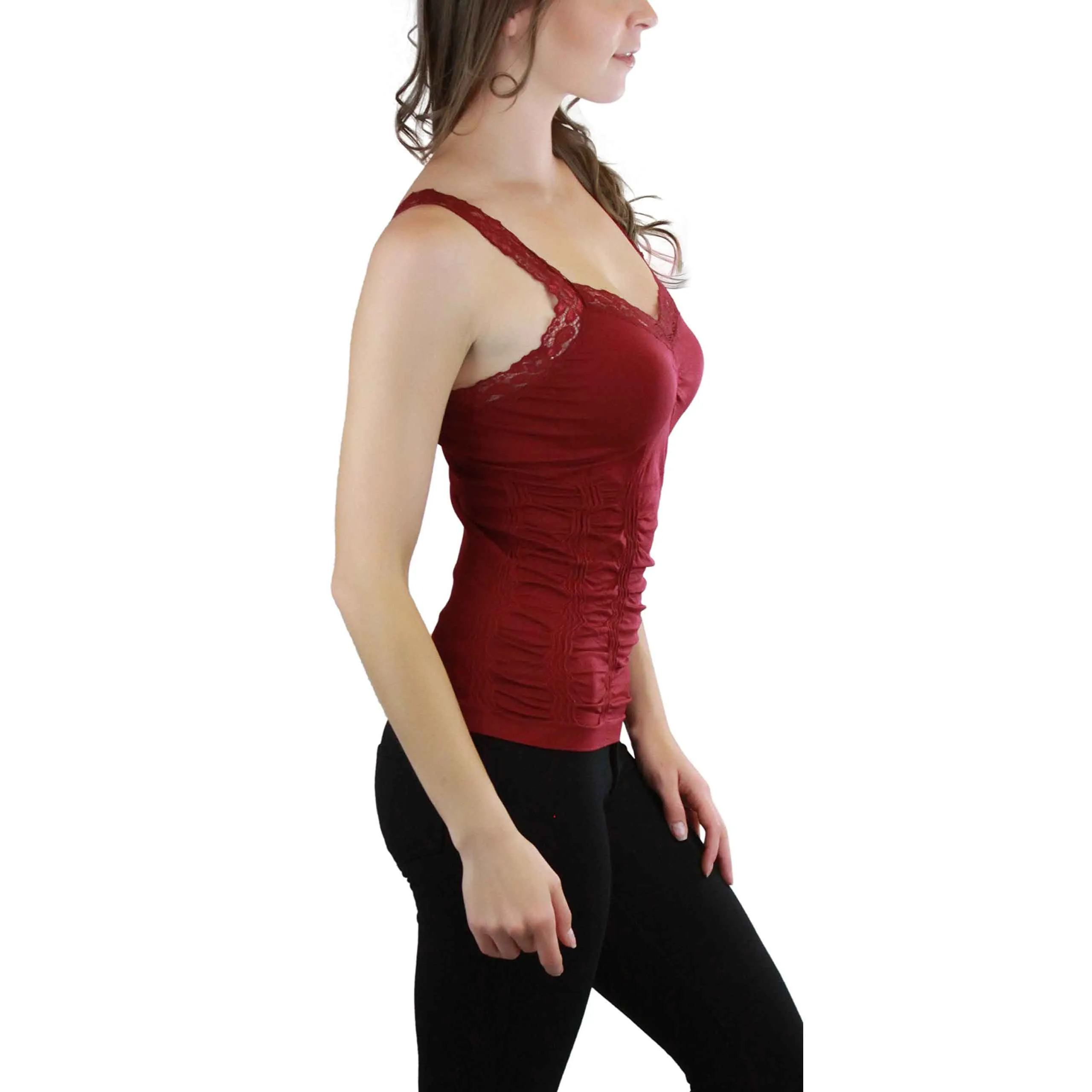 ToBeInStyle Women's Wrinkled Seamless Camisole Top with Floral Lace Trim Straps
