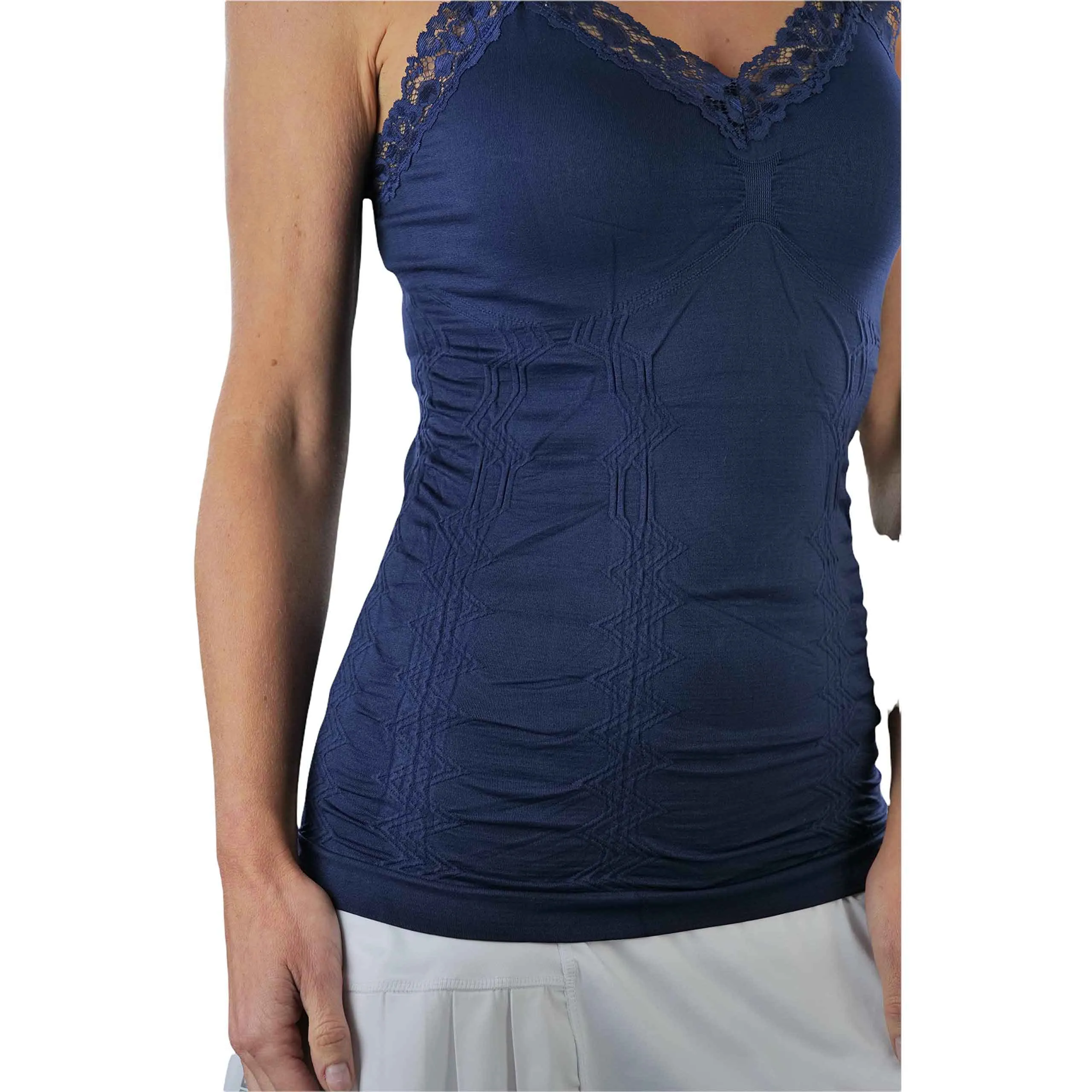 ToBeInStyle Women's Wrinkled Seamless Camisole Top with Floral Lace Trim Straps