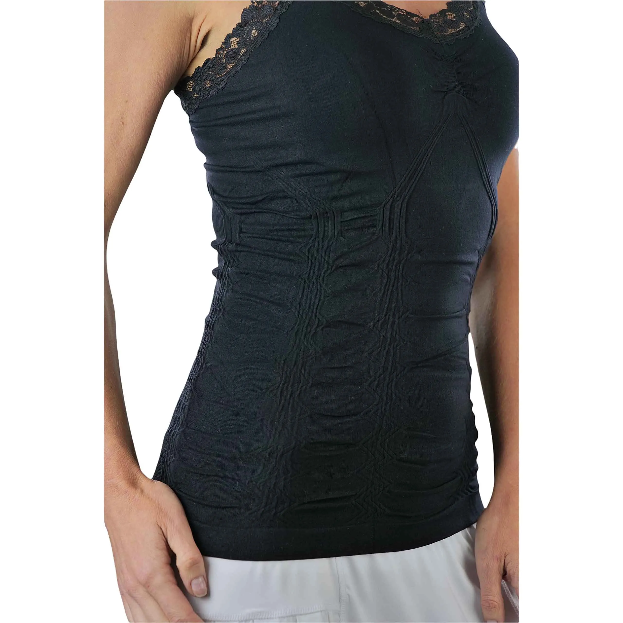 ToBeInStyle Women's Wrinkled Seamless Camisole Top with Floral Lace Trim Straps