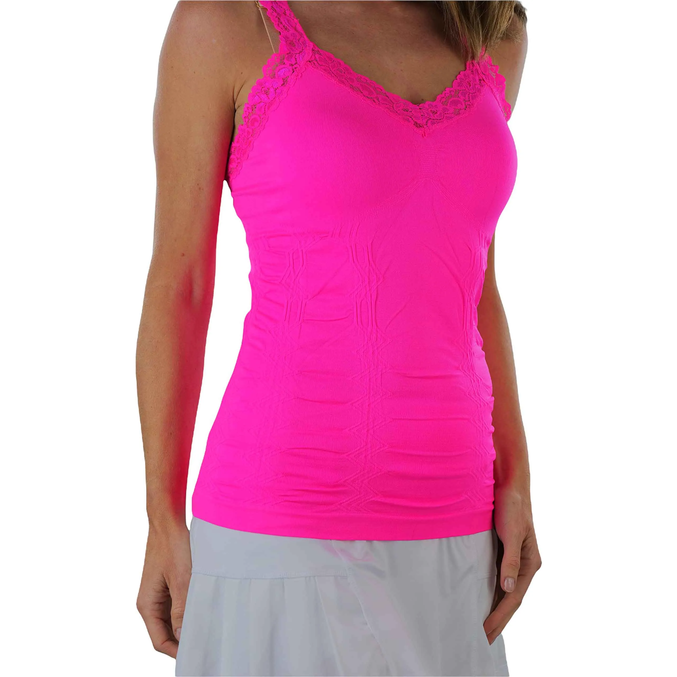 ToBeInStyle Women's Wrinkled Seamless Camisole Top with Floral Lace Trim Straps