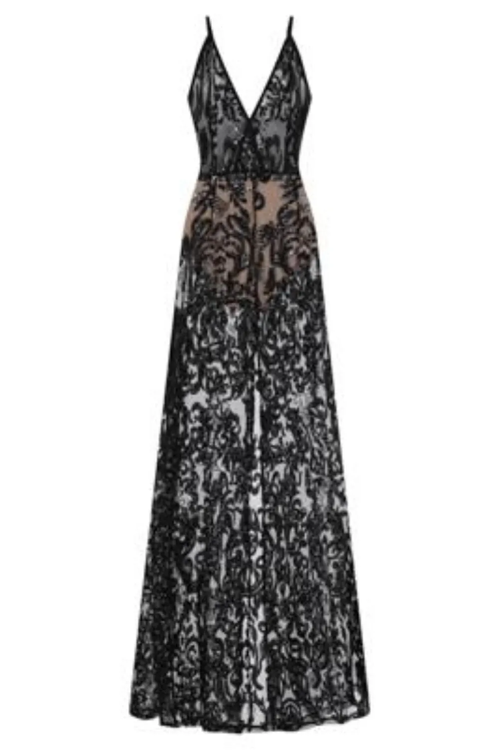 Unleashed Black Sheer Luxe Sequin Slit Maxi Gown Dress