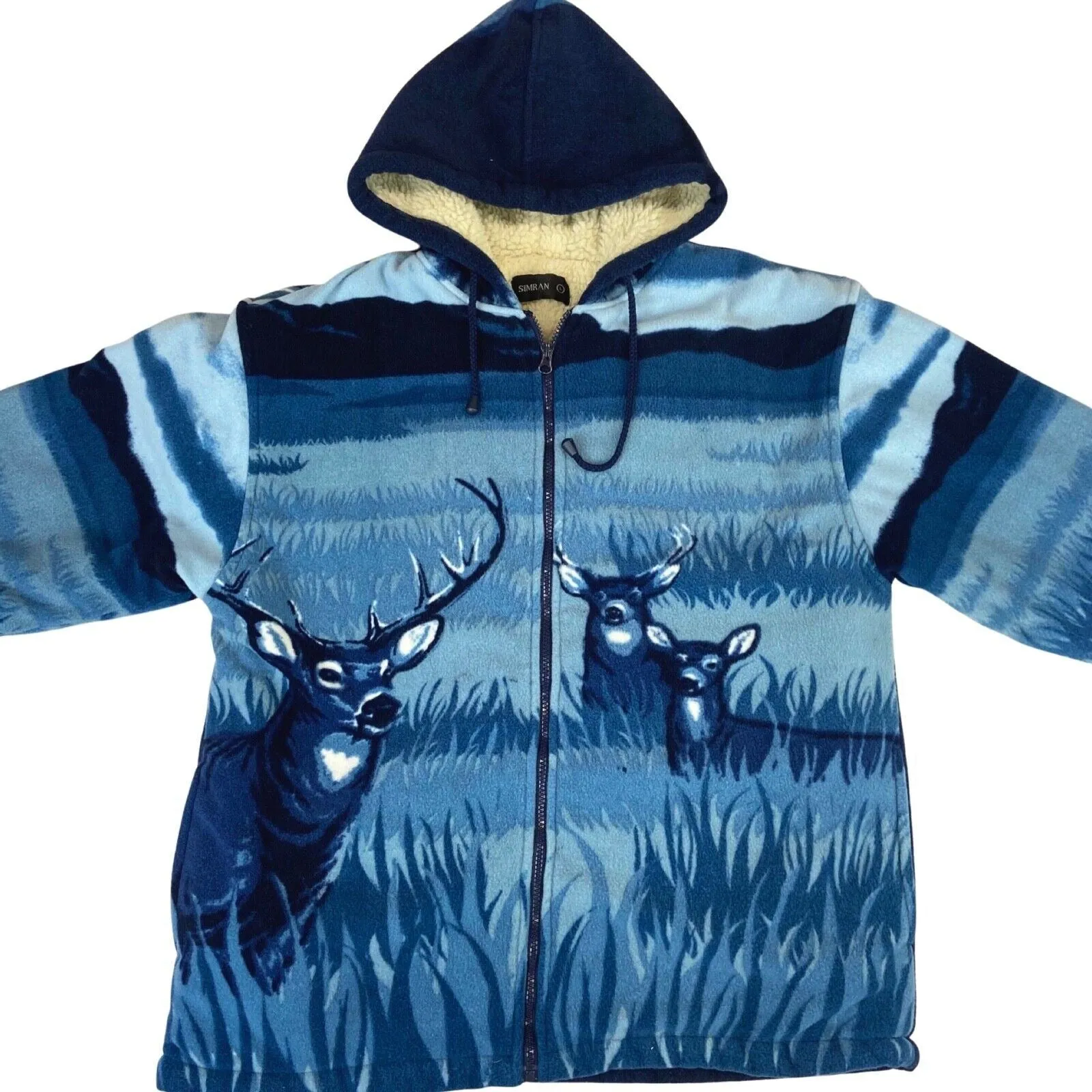 Vintage 90s 00s Blue Sherpa Lined Deer Graphic Print Fleece Jacket L