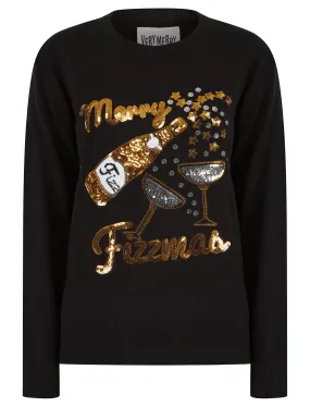 Women's Fizzymas Sequin Novelty Knitted Christmas Jumper in Jet Black - Merry Christmas