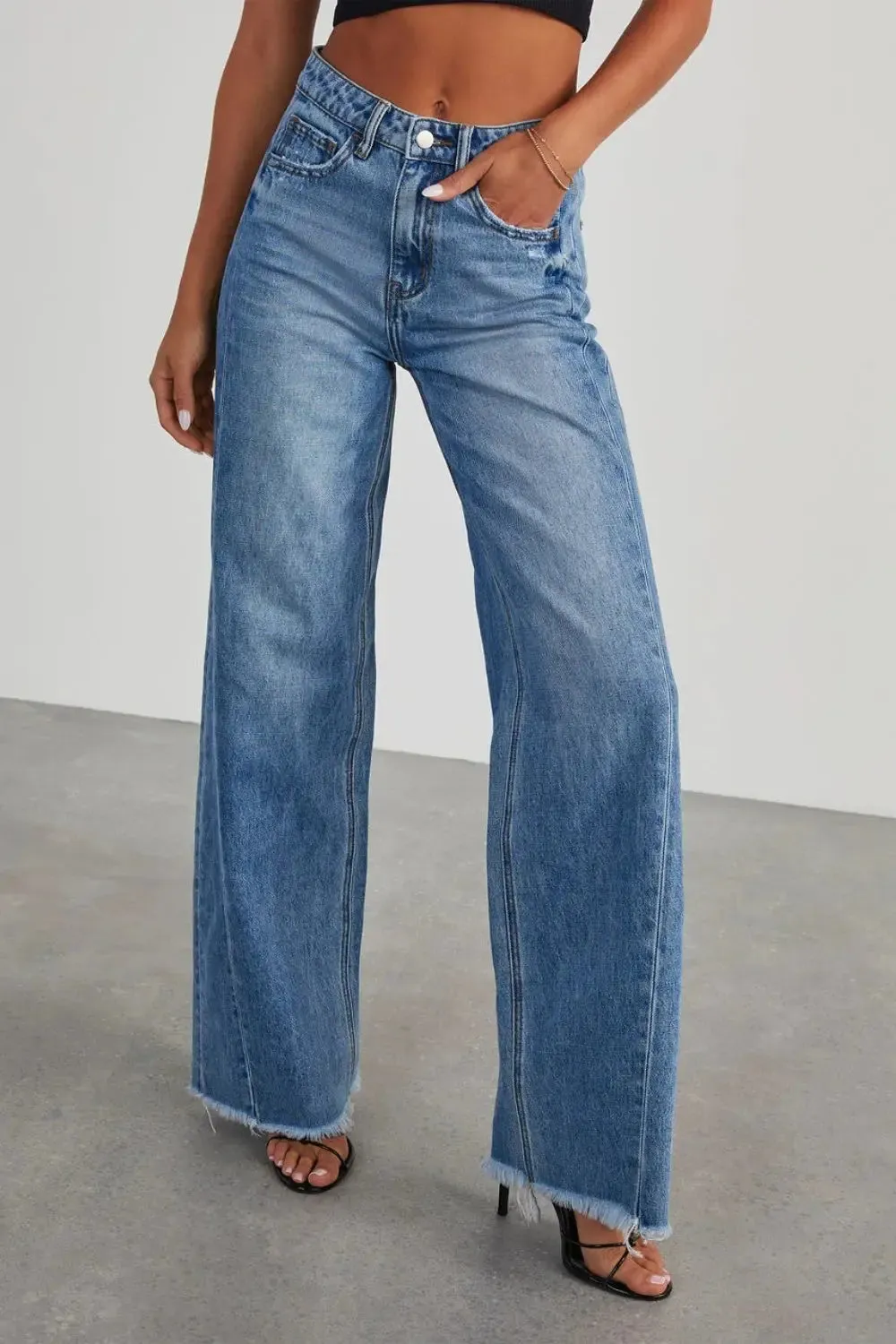 Women's Jeans-Raw Hem - Wide Leg - pants with Pockets