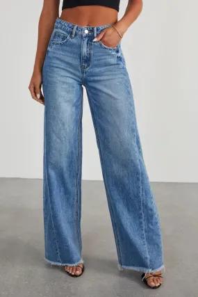 Women's Jeans-Raw Hem - Wide Leg - pants with Pockets
