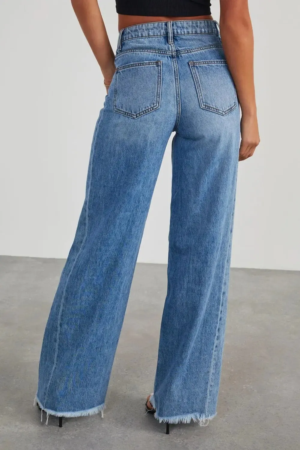Women's Jeans-Raw Hem - Wide Leg - pants with Pockets