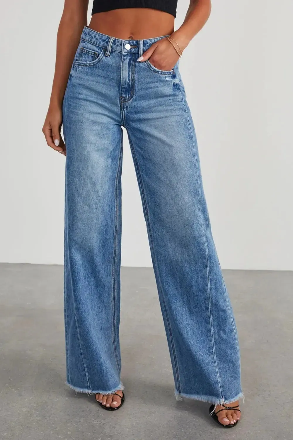 Women's Jeans-Raw Hem - Wide Leg - pants with Pockets